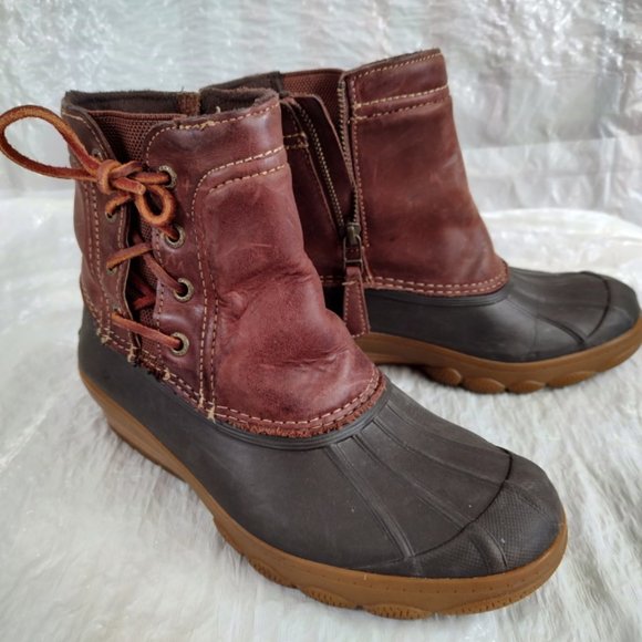 Sperry Duck Boots Women's 5.5M Quarter Mid Calf Pull On Brown Leather Side Zip - Picture 1 of 6